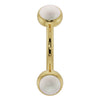 14k yellow gold pearl bezel-set curved barbell with dual bezel ends, front view