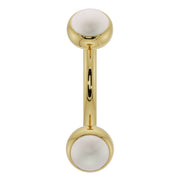 14k yellow gold pearl bezel-set curved barbell with dual bezel ends, front view