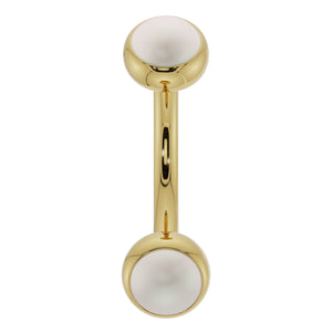 14k yellow gold pearl bezel-set curved barbell with dual bezel ends, front view
