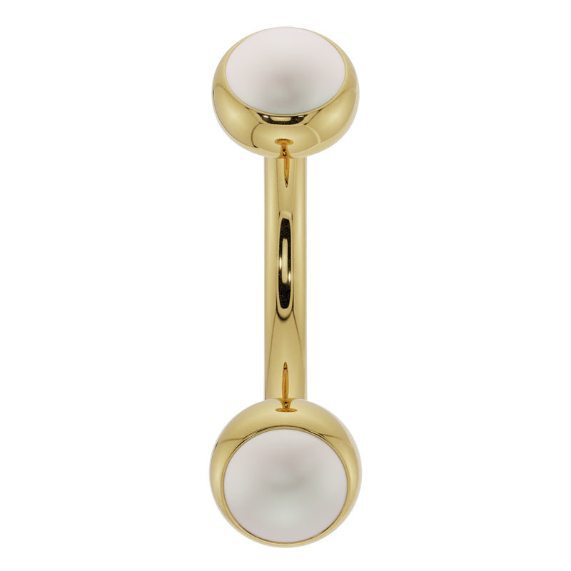14k yellow gold 14G curved barbell with larger 3mm bezel-set pearl ends for navel piercing