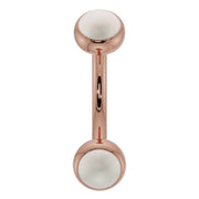 14k rose gold 14G pearl bezel curved barbell with larger pearl ends, front view