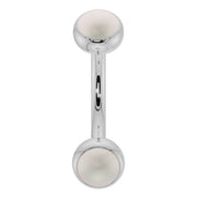 14k white gold pearl bezel-set curved barbell with dual pearl ends, front view