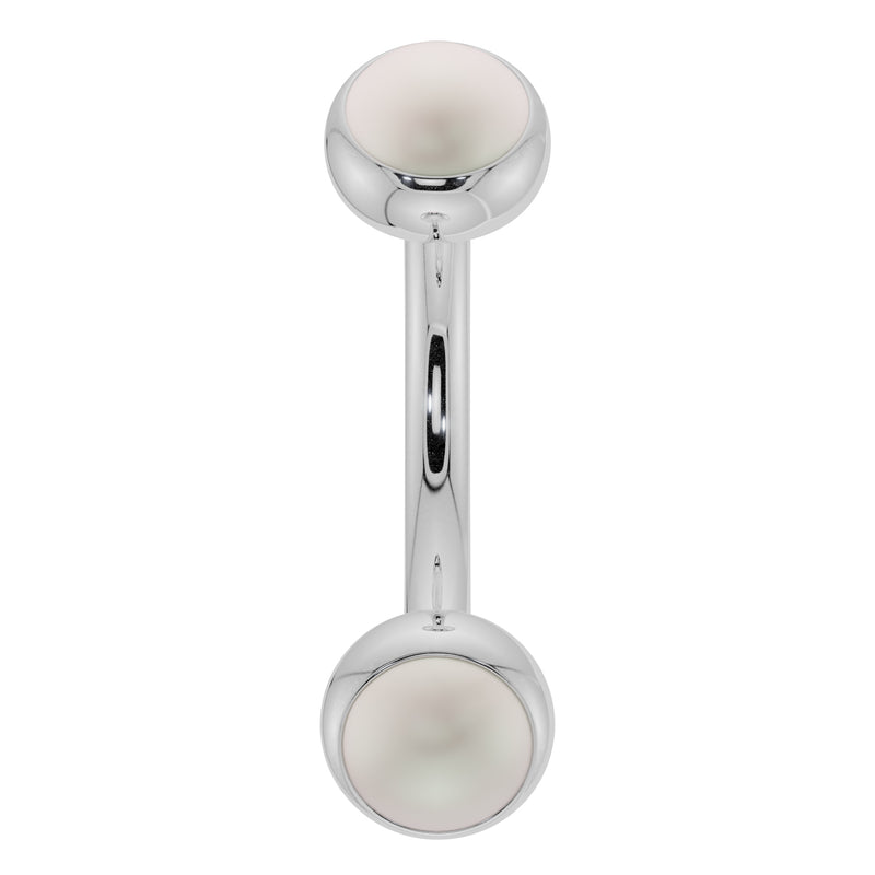 14k white gold pearl bezel-set curved barbell with dual pearl ends, front view