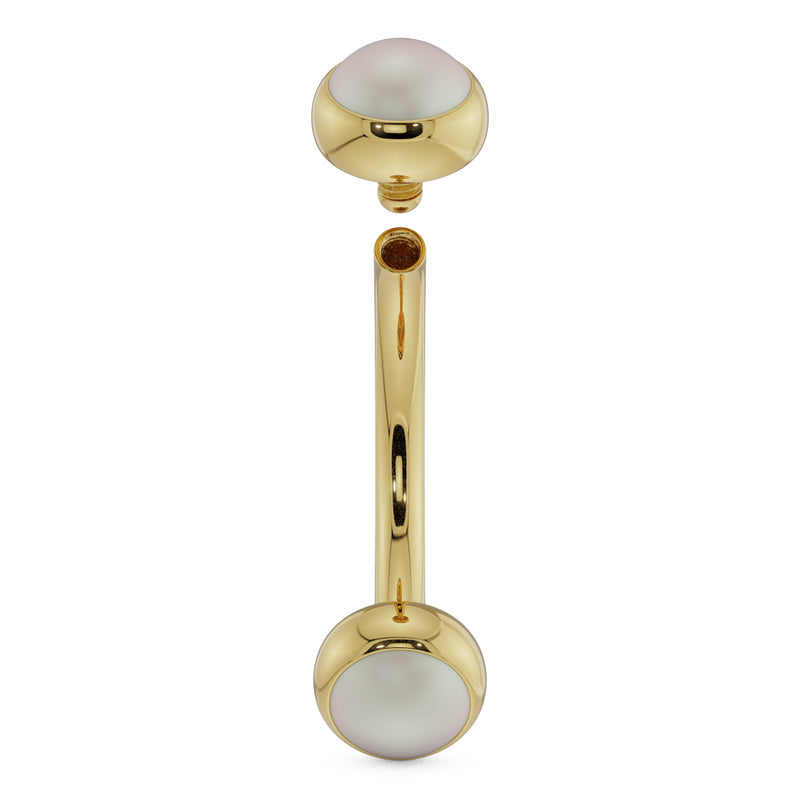 14k yellow gold pearl curved barbell with top ball removed showing threaded post closure