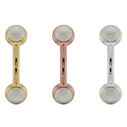 Pearl bezel-set curved barbell in all three 14k gold options: yellow, rose, and white gold