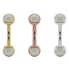 14G pearl bezel curved barbell in yellow, rose, and white 14k gold shown side by side for comparison