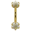 14k yellow gold opal prong-set curved barbell, front view with dual iridescent opal cabochons
