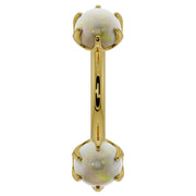 14k yellow gold opal prong-set curved barbell, front view with dual iridescent opal cabochons