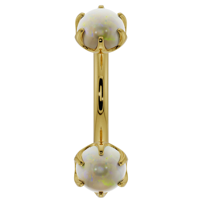 14k yellow gold opal prong-set curved barbell, front view with dual iridescent opal cabochons