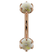 14k rose gold opal prong-set curved barbell, front view with dual iridescent opal cabochons