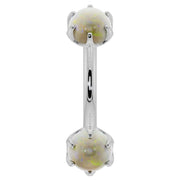 14k white gold opal prong-set curved barbell, front view with dual iridescent opal cabochons