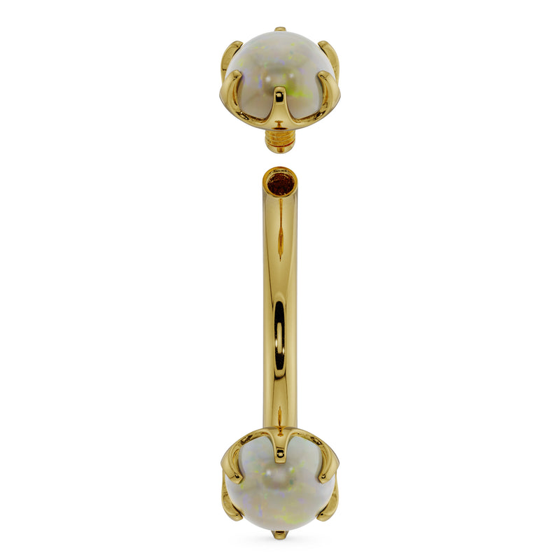 14k yellow gold opal curved barbell with top piece removed showing internal threading detail