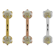 Opal prong-set curved barbell in all three 14k gold colors: yellow, rose, and white, 3mm opals