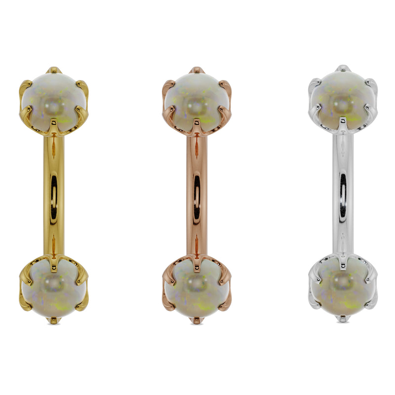 Opal prong-set curved barbell in all three 14k gold colors: yellow, rose, and white, 3mm opals