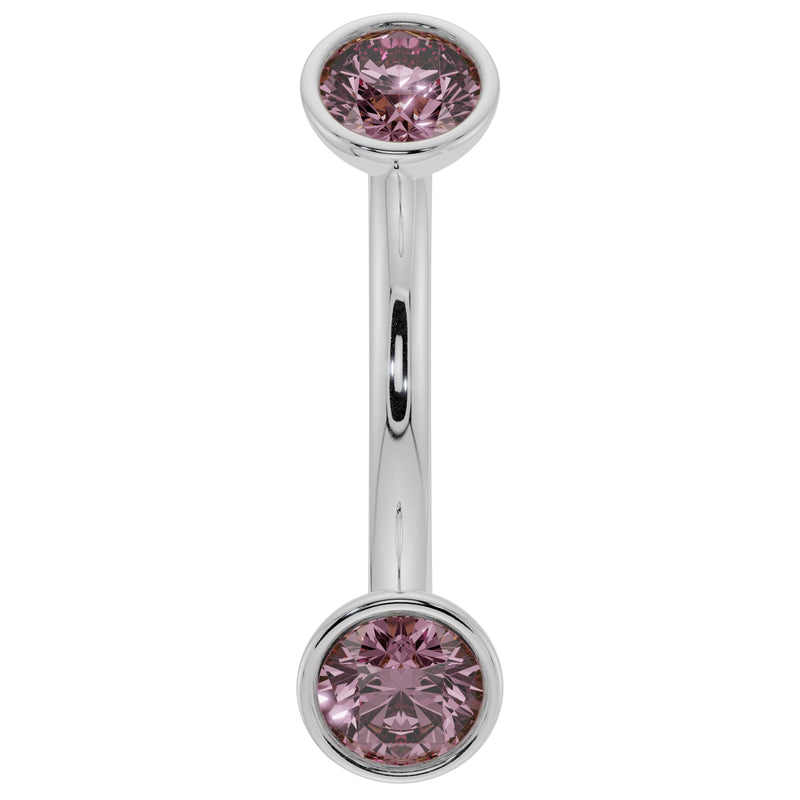 14K white gold pink sapphire bezel-set curved barbell with larger stones, front view