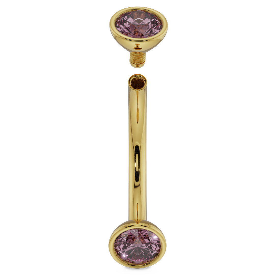 16G (1.2mm) 14K Yellow  Gold dainty pink sapphire bezel 14k gold curved barbell
