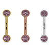 All three metal options of pink sapphire bezel curved barbell in yellow, rose, and white gold