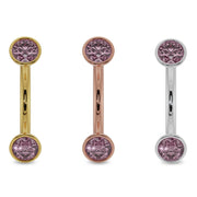 All three metal options of pink sapphire bezel curved barbell in yellow, rose, and white gold