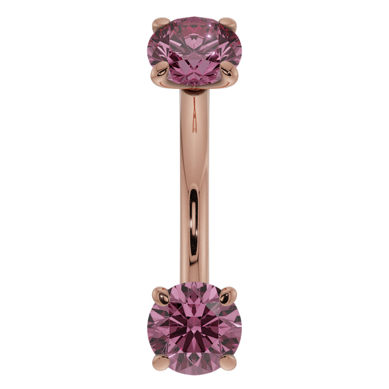 14k rose gold pink sapphire curved barbell front view with larger-gauge prong-set sapphires