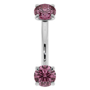14k white gold pink sapphire prong-set curved barbell, front view showing cool-toned metal