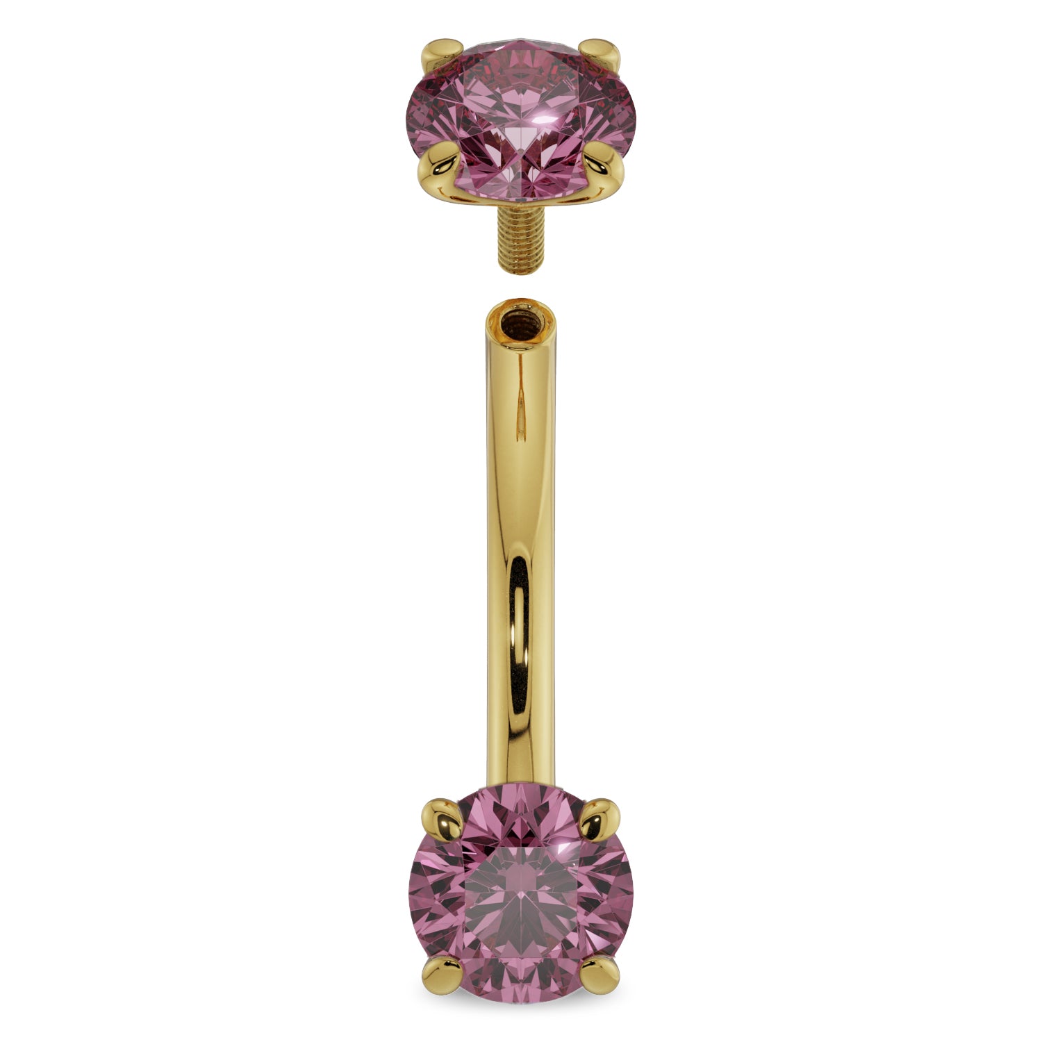 14G (1.6mm) 14K Yellow  Gold dainty pink sapphire prong 14k gold curved barbell