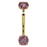 14k yellow gold pink sapphire curved barbell shown disassembled to reveal internal threading