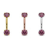 All three 14k gold color options for pink sapphire curved barbell shown together, larger stone size