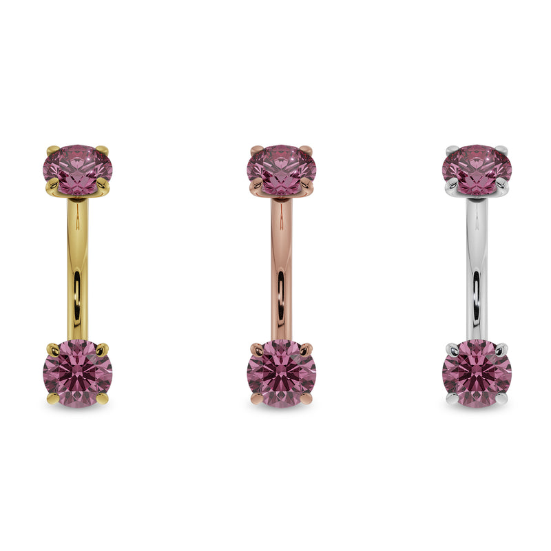 All three 14k gold color options for pink sapphire curved barbell shown together, larger stone size