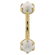 14k yellow gold pearl curved barbell front view, dual prong-set pearls on straight shaft