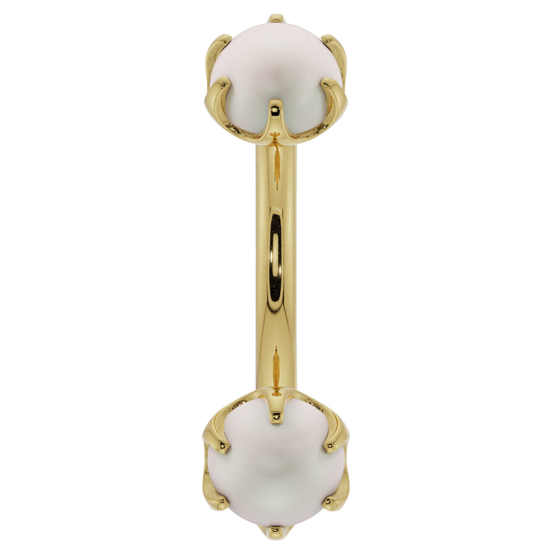 14k yellow gold pearl curved barbell front view, dual prong-set pearls on straight shaft