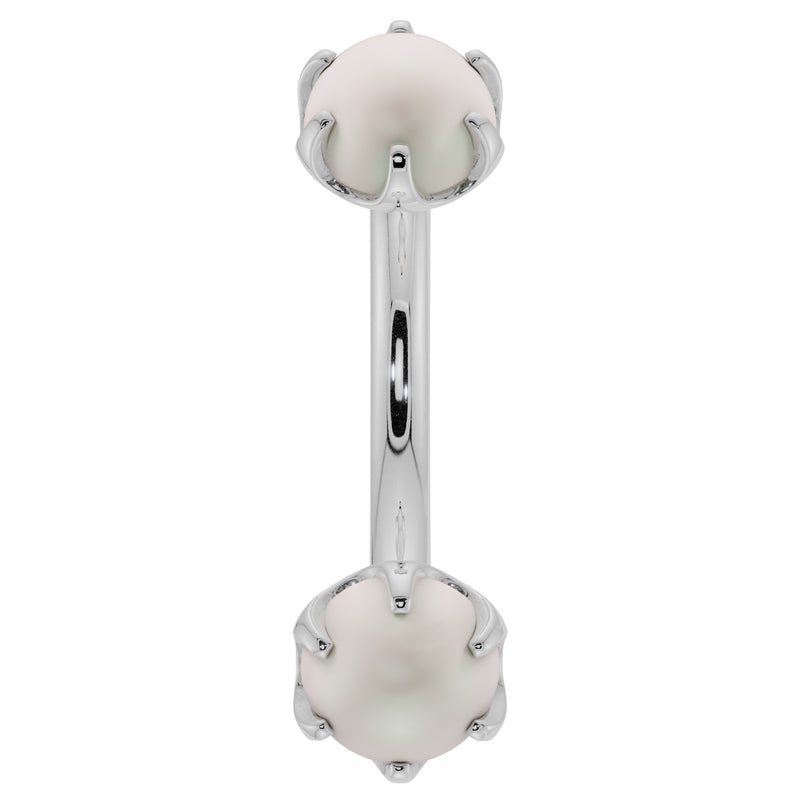14k white gold pearl prong-set curved barbell, front view with cool silver-white finish