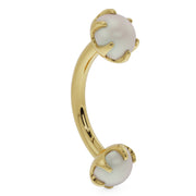 14k yellow gold pearl curved barbell, side profile showing prong settings on both ends