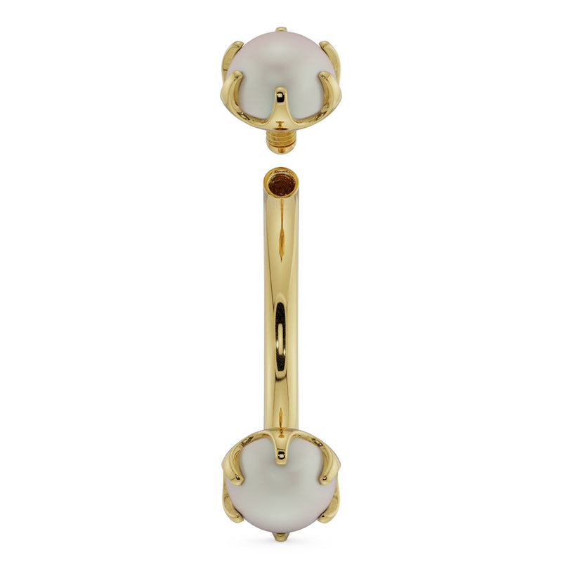 14k yellow gold pearl curved barbell disassembled, showing internally threaded post and end