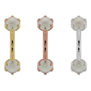 Pearl prong-set curved barbell in all three 14k gold colors: yellow, rose, and white, 3mm pearls