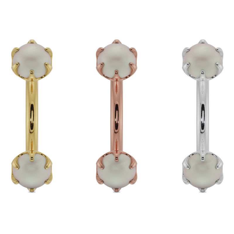 Pearl prong-set curved barbell in all three 14k gold colors: yellow, rose, and white, 3mm pearls