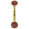 14k yellow gold ruby bezel curved barbell with dual round rubies, front view