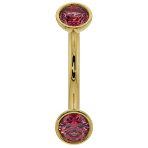 14k yellow gold ruby bezel curved barbell with dual round rubies, front view