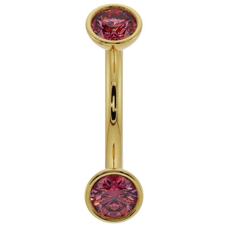 14k yellow gold ruby bezel curved barbell with dual round rubies, front view