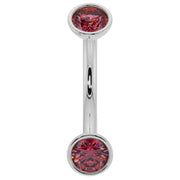 14k white gold ruby bezel curved barbell with dual round rubies, front view