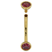 14k yellow gold ruby curved barbell disassembled showing internal threading and screw-off end
