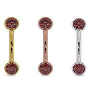 Ruby bezel curved barbell in all three metal options: 14k yellow gold, rose gold, and white gold