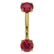 14k yellow gold ruby curved barbell with dual prong-set rubies, front view