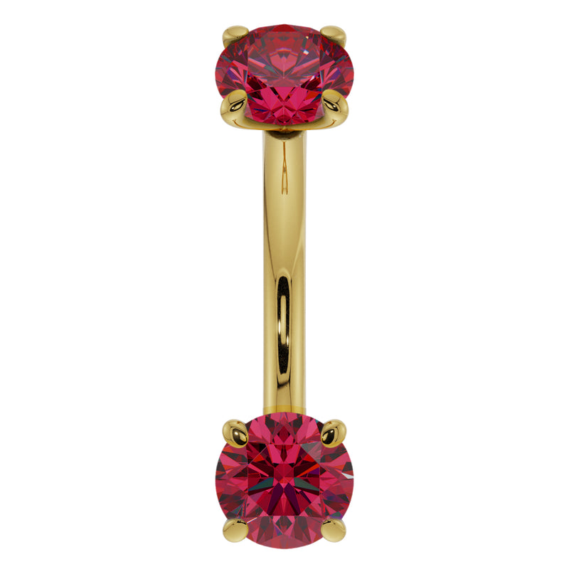 14k yellow gold curved barbell with larger 4mm prong-set rubies, vivid red stones front view