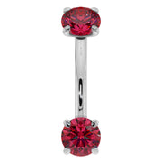 14k white gold ruby curved barbell with two prong-set red rubies, front view