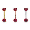 Larger ruby prong-set curved barbell in 14k yellow, rose, and white gold shown side by side for color comparison