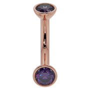 14k rose gold 14G amethyst curved barbell with 4mm bezel-set purple gemstones, front view