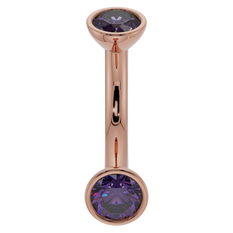 14k rose gold 14G amethyst curved barbell with 4mm bezel-set purple gemstones, front view