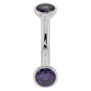 14k white gold 14G amethyst curved barbell with larger bezel-set purple stones, front view