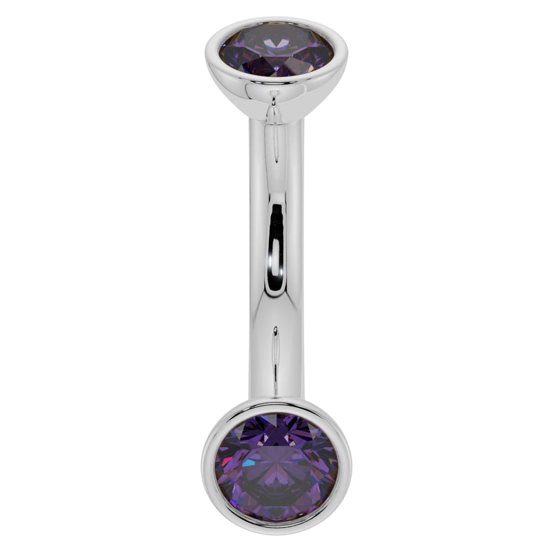 14k white gold 14G amethyst curved barbell with larger bezel-set purple stones, front view