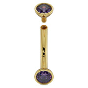 14k yellow gold amethyst curved barbell with top end removed, revealing internal threaded post detail